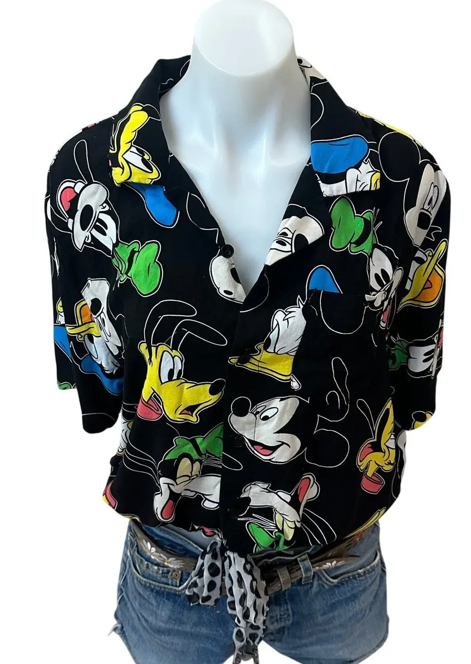 Hawaiian Mickey Mouse Tropical Shirt Button Down Crop Top One Size Oversized - Picture 1 of 6